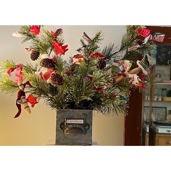 Artificial Christmas Arrangement Upcycled Tin File Drawer Holder Rag Bows - Picture 3 of 10